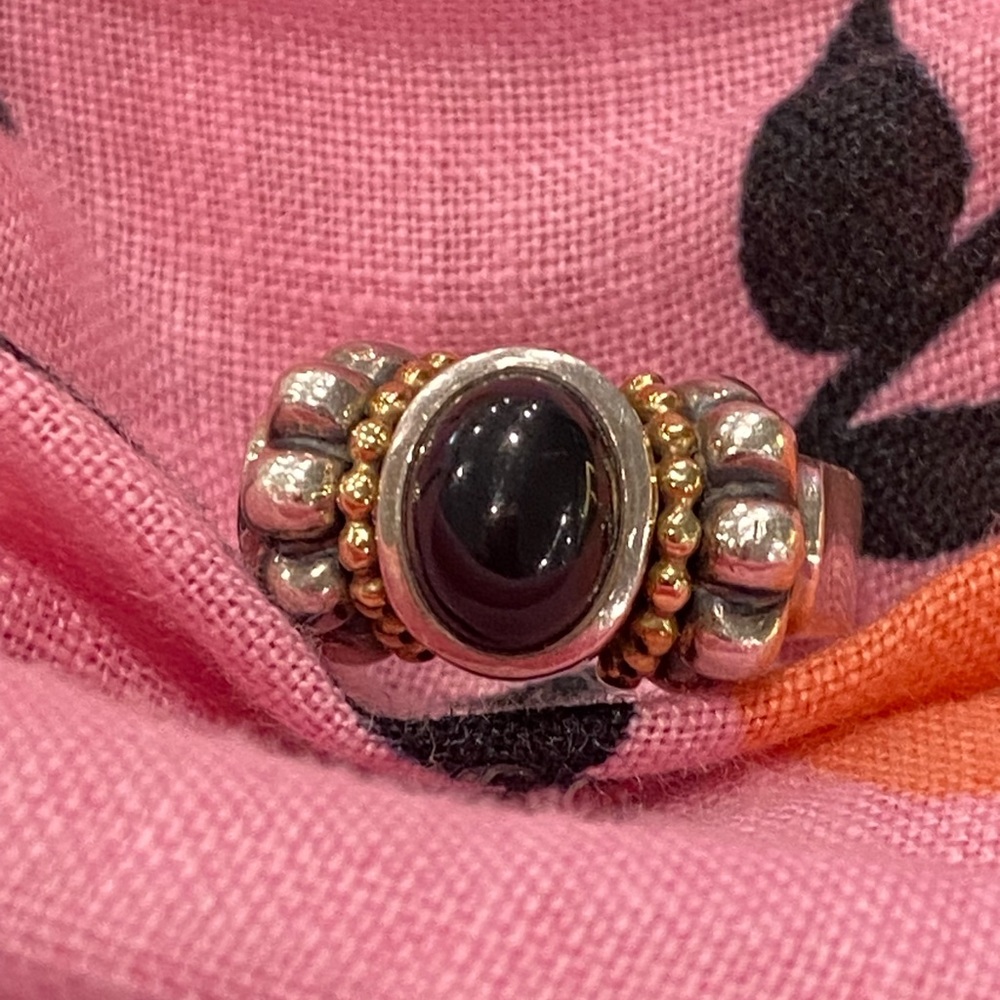 Lagos Caviar Sterling Sterling Silver & 18Kt Gold Onyx Ring Size 7